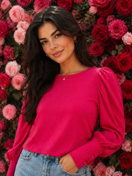 Anthropologie Tops - Anthropologie Fuchsia Blouse XL • Puff Sleeve Button Cuff Top • NWT